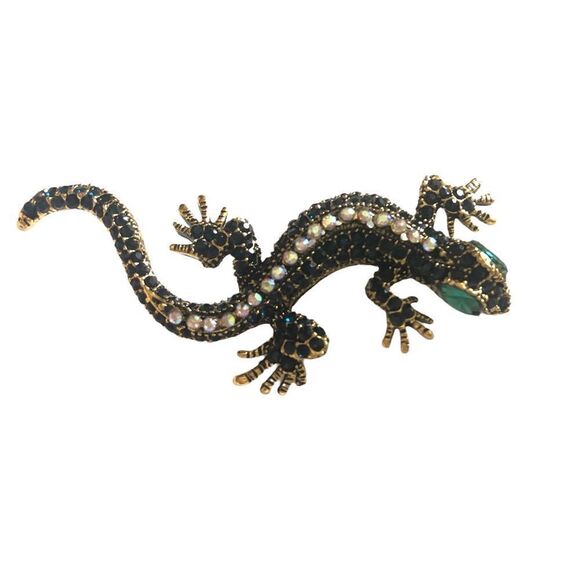 💎250💎 SPECTACULAR BLACK BLUE GREEN CHAMELEON LIZARD CRYSTAL BROOCH PIN PENDANT - Picture 5 of 16